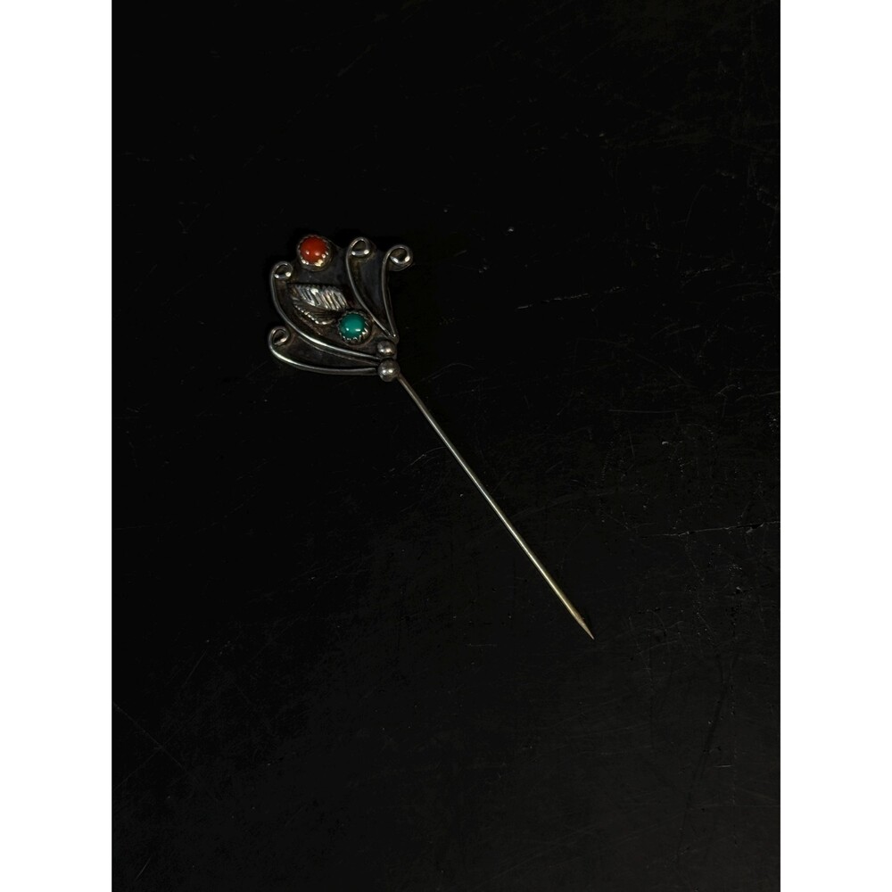 Larry Sandoval Navajo Sterling Turquoise Coral Stick Pin 3.7g